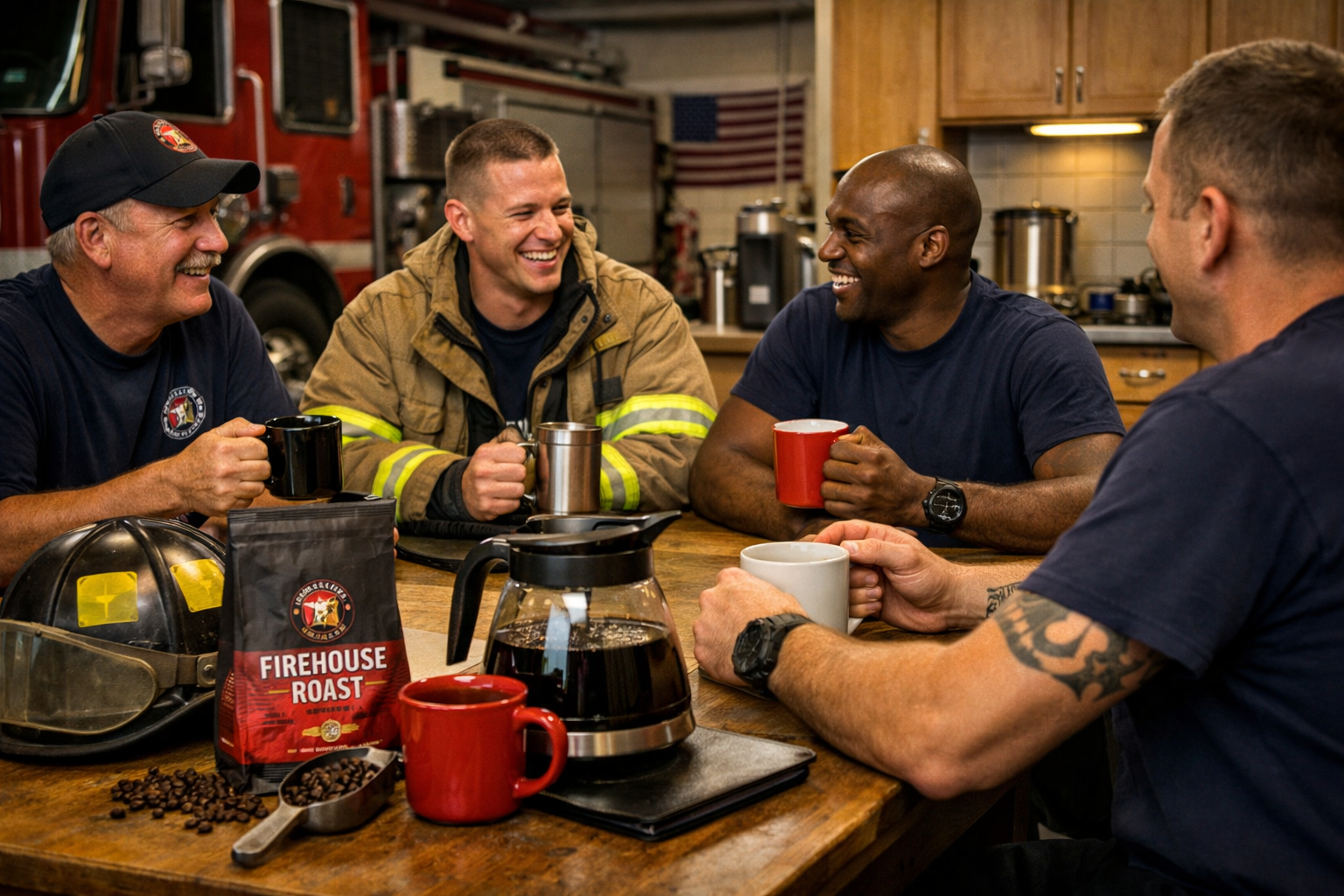 Firefighters drinking coffee in fire station kitchen during shift